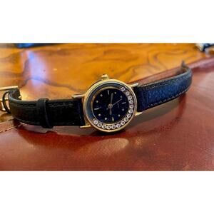 Women's 24mm Gold Tone Avon Watch, Crystal Accents, Black Leather Band